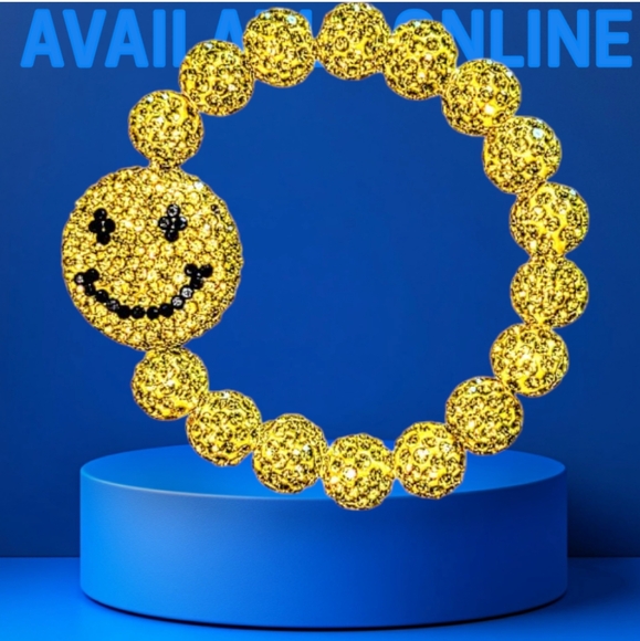 Handmade Jewelry - Golden Rhinestone Beaded Smiley Face Bracelet On Stretch Cord